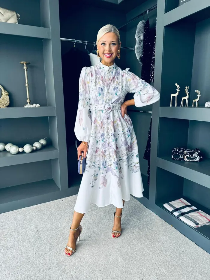 Women Premium Canella Lane Brona Belted Occasion Dress Off White