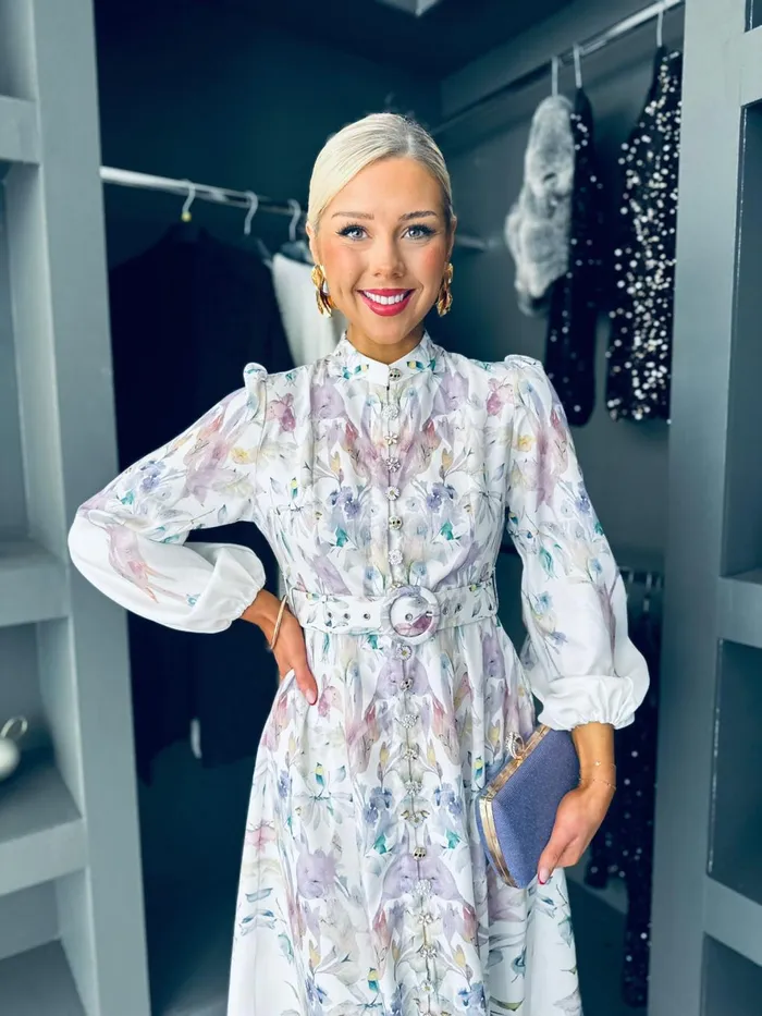 Women Premium Canella Lane Brona Belted Occasion Dress Off White
