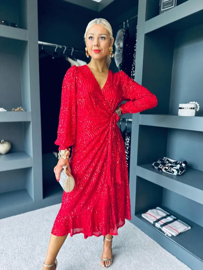 Women Premium Canella Lane Jemma Sequin Wrap Midi Dress Red