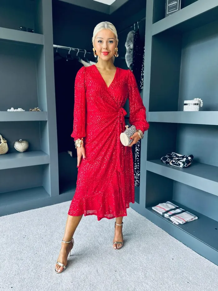 Women Premium Canella Lane Jemma Sequin Wrap Midi Dress Red