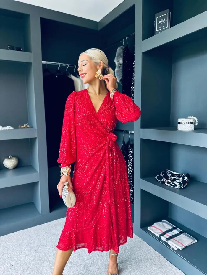 Women Premium Canella Lane Jemma Sequin Wrap Midi Dress Red