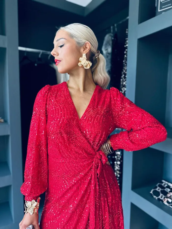 Women Premium Canella Lane Jemma Sequin Wrap Midi Dress Red