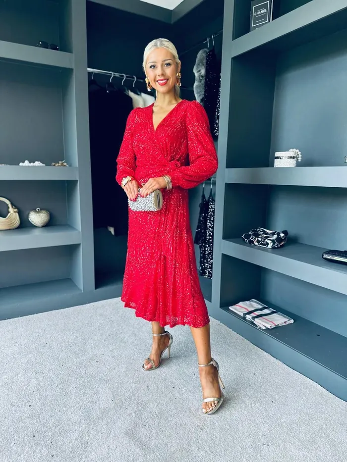 Women Premium Canella Lane Jemma Sequin Wrap Midi Dress Red