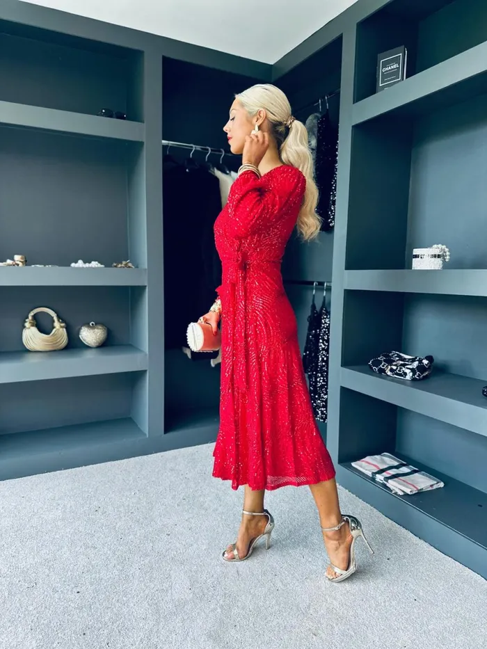 Women Premium Canella Lane Jemma Sequin Wrap Midi Dress Red