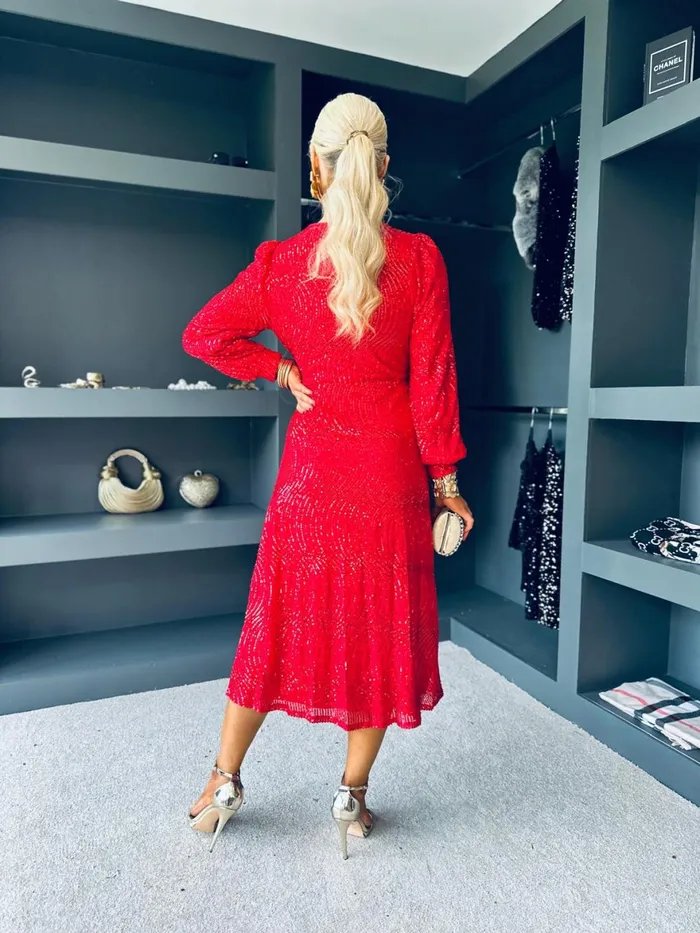 Women Premium Canella Lane Jemma Sequin Wrap Midi Dress Red