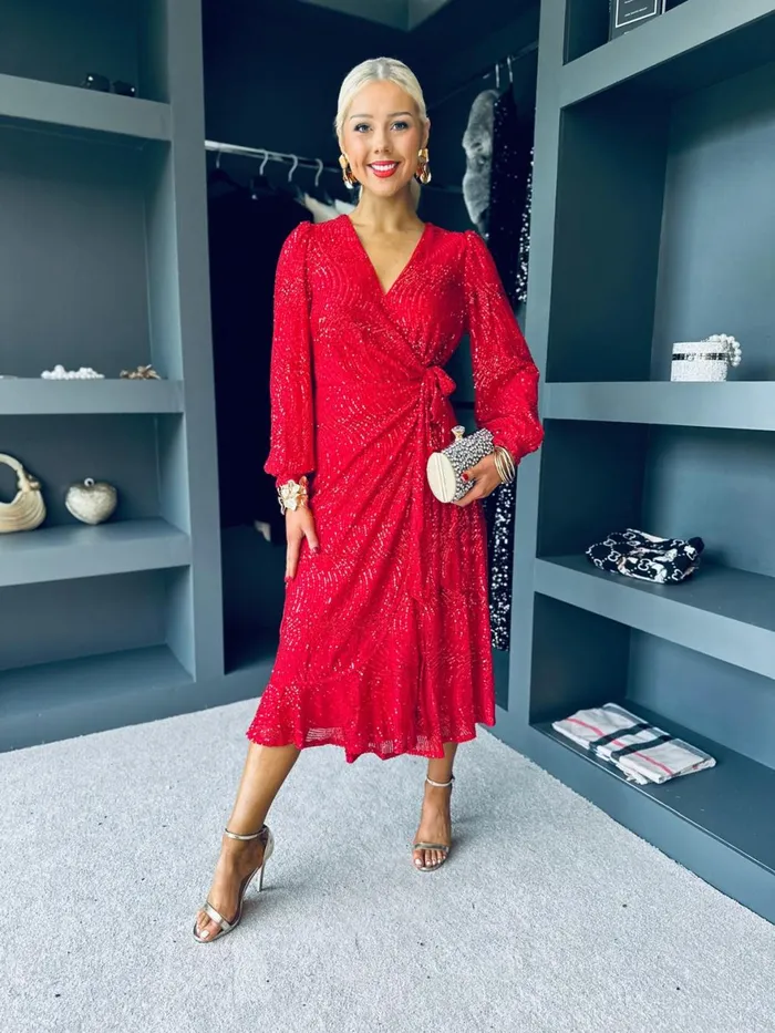 Women Premium Canella Lane Jemma Sequin Wrap Midi Dress Red