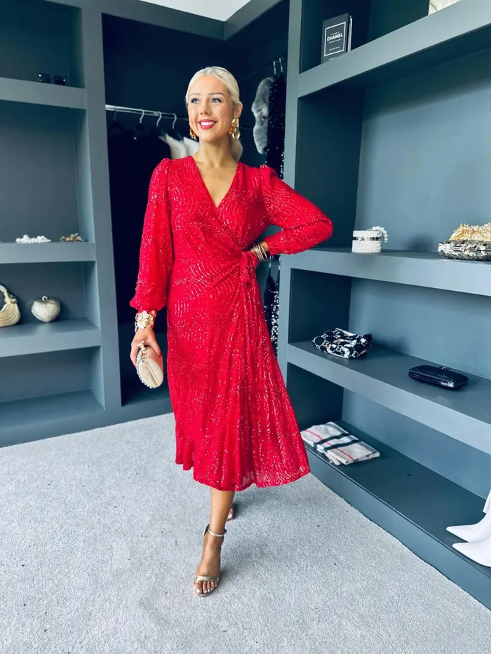 Women Premium Canella Lane Jemma Sequin Wrap Midi Dress Red
