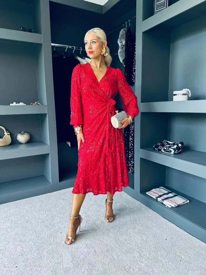 Women Premium Canella Lane Jemma Sequin Wrap Midi Dress Red