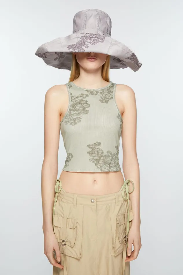 Women Printed Lace Tank Top Sage Green Acne Studios Tshirts