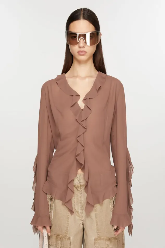 Women Ruffle Blouse Toffee Brown Acne Studios Shirts and Blouses