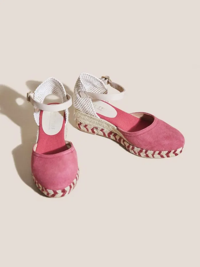 Women SANDALS White Stuff Espadrille Suede Closed Wedge Pink Multi