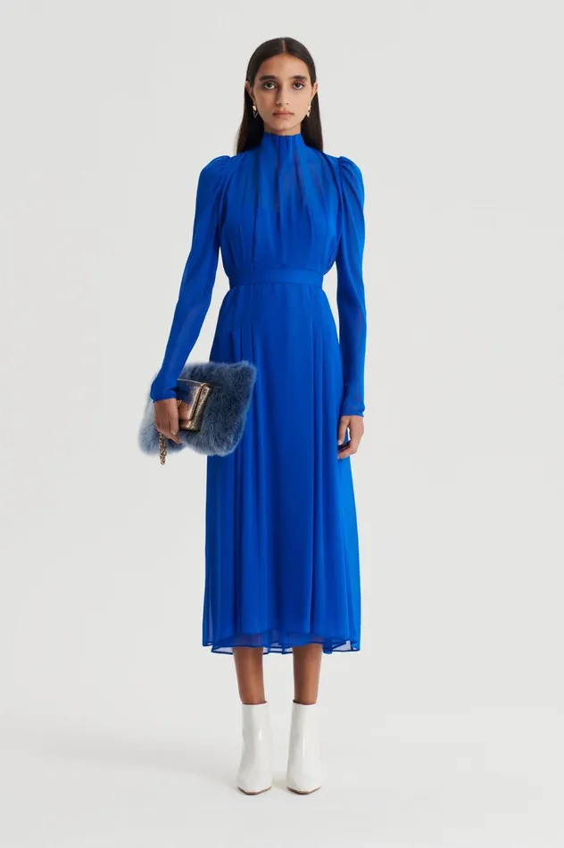 Women Scanlan Theodore Dresses SILK GEORGETTE GATHER NECK DRESS Cobalt