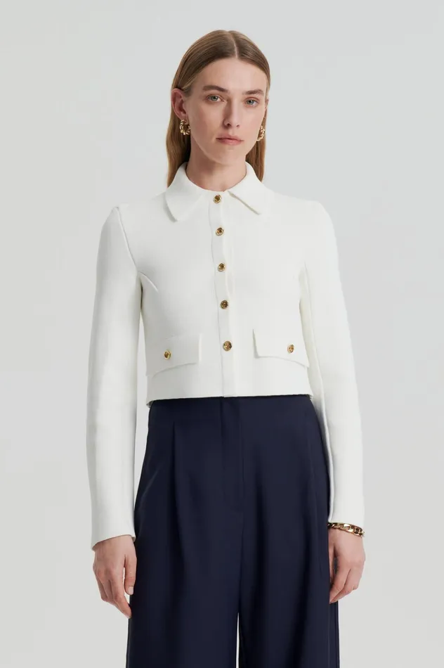 Women Scanlan Theodore Jackets CREPE KNIT CROP BUTTON JACKET Cream Gold Women Scanlan Theodore Jackets CREPE KNIT CROP BUTTON JACKET Cream Gold