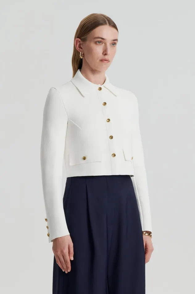 Women Scanlan Theodore Jackets CREPE KNIT CROP BUTTON JACKET Cream Gold Women Scanlan Theodore Jackets CREPE KNIT CROP BUTTON JACKET Cream Gold