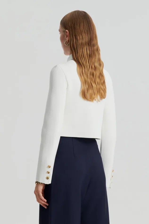 Women Scanlan Theodore Jackets CREPE KNIT CROP BUTTON JACKET Cream Gold Women Scanlan Theodore Jackets CREPE KNIT CROP BUTTON JACKET Cream Gold