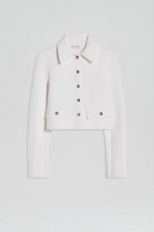 Women Scanlan Theodore Jackets CREPE KNIT CROP BUTTON JACKET Cream Gold Women Scanlan Theodore Jackets CREPE KNIT CROP BUTTON JACKET Cream Gold