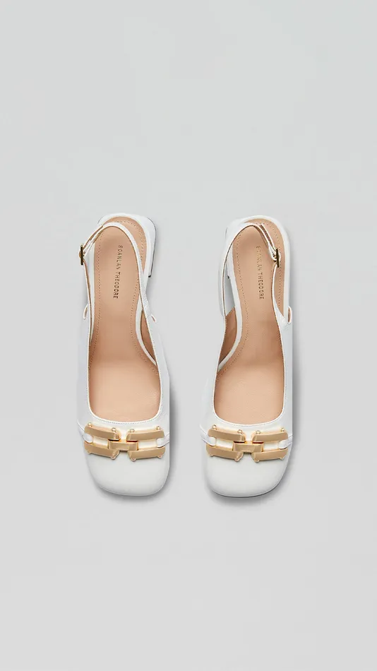 Women Scanlan Theodore Leather GOLD TRIM SLINGBACK 55 White