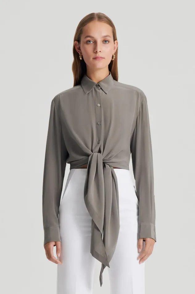 Women Scanlan Theodore Shirts SILK TIE FRONT SHIRT Taupe Women Scanlan Theodore Shirts SILK TIE FRONT SHIRT Taupe