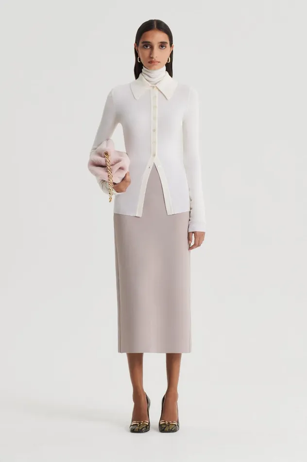 Women Scanlan Theodore Skirts CREPE KNIT PENCIL SKIRT MIDI Oyster