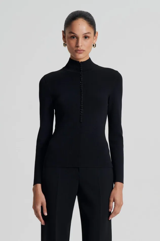 Women Scanlan Theodore Sweaters CREPE KNIT BUTTON POLO SWEATER Black Women Scanlan Theodore Sweaters CREPE KNIT BUTTON POLO SWEATER Black