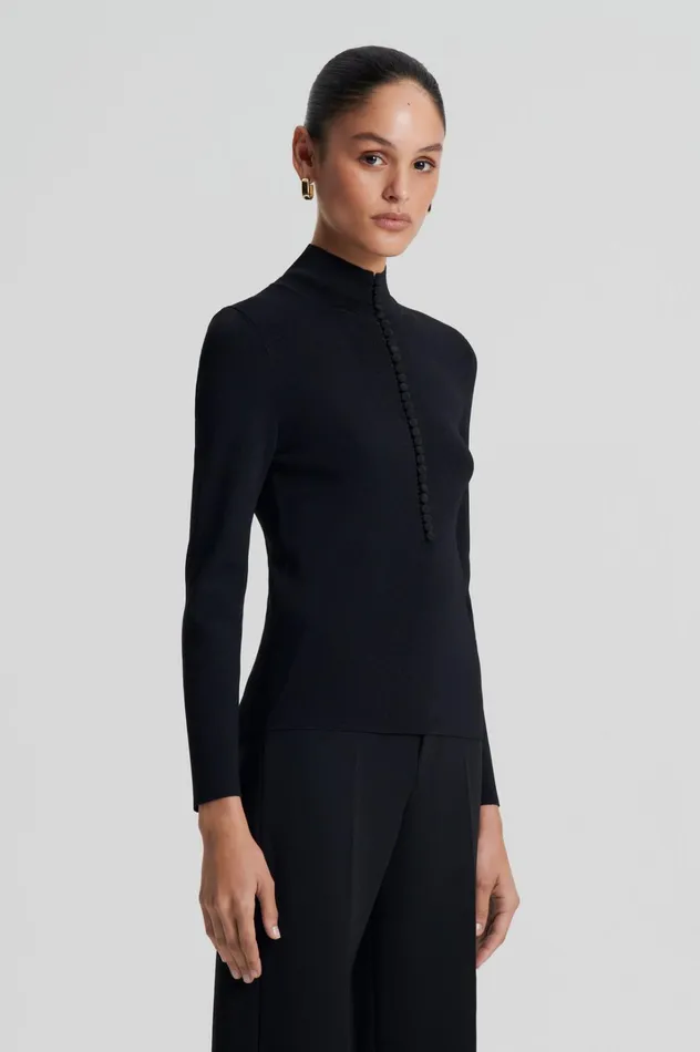 Women Scanlan Theodore Sweaters CREPE KNIT BUTTON POLO SWEATER Black Women Scanlan Theodore Sweaters CREPE KNIT BUTTON POLO SWEATER Black