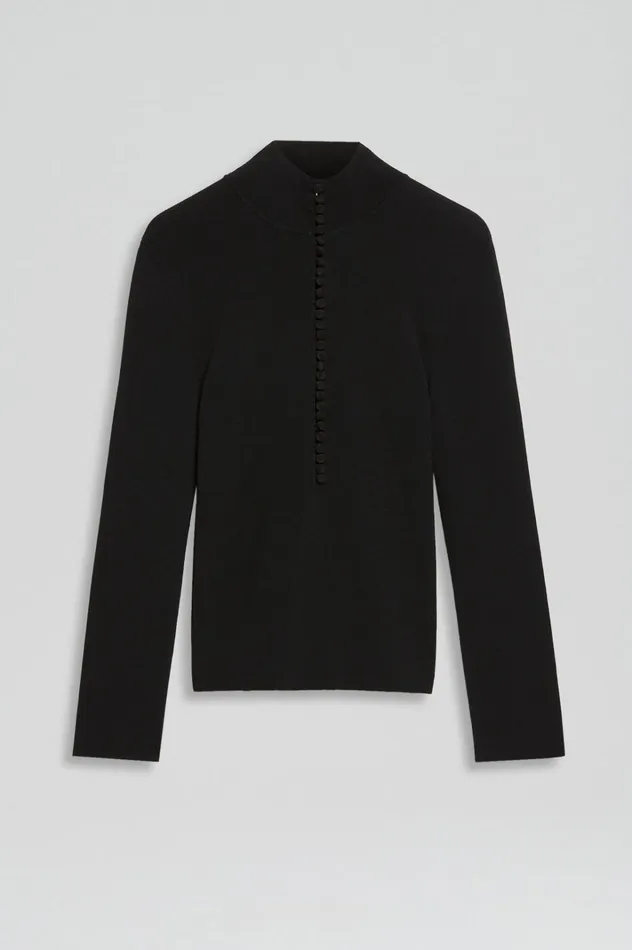 Women Scanlan Theodore Sweaters CREPE KNIT BUTTON POLO SWEATER Black Women Scanlan Theodore Sweaters CREPE KNIT BUTTON POLO SWEATER Black