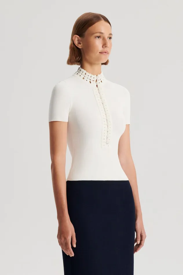 Women Scanlan Theodore Tops CREPE KNIT DAISY SHORT SLEEVE TOP Cream Women Scanlan Theodore Tops CREPE KNIT DAISY SHORT SLEEVE TOP Cream