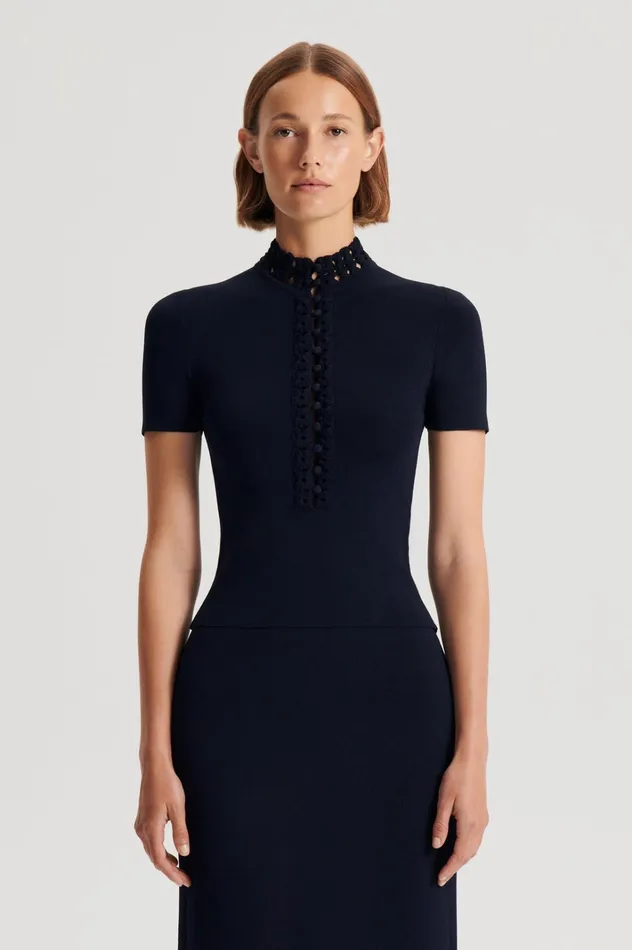 Women Scanlan Theodore Tops CREPE KNIT DAISY SHORT SLEEVE TOP Navy Women Scanlan Theodore Tops CREPE KNIT DAISY SHORT SLEEVE TOP Navy