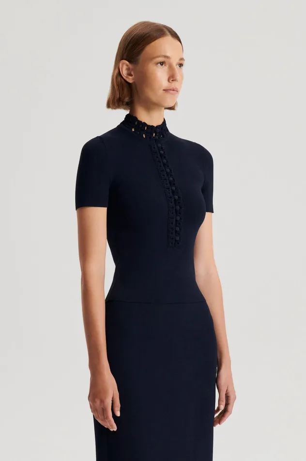 Women Scanlan Theodore Tops CREPE KNIT DAISY SHORT SLEEVE TOP Navy Women Scanlan Theodore Tops CREPE KNIT DAISY SHORT SLEEVE TOP Navy