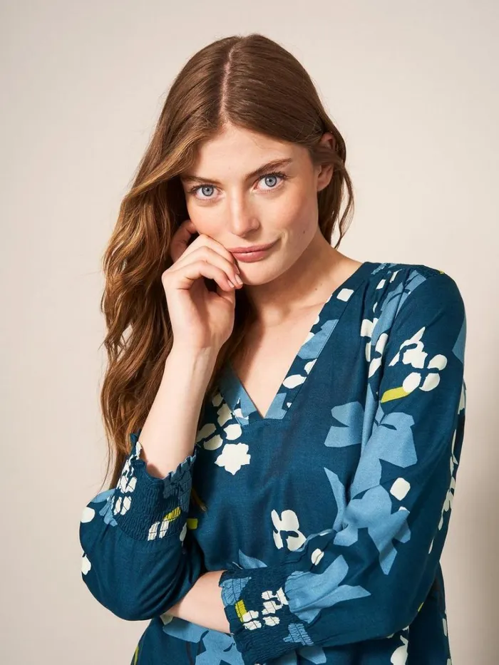 Women SHIRTS and BLOUSES White Stuff Elisa Eco Vero V Neck Top Teal Multi
