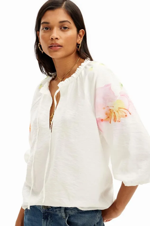 Women Shirts And Blouses Desigual Flowy Blouse With Watercolor Floral Print