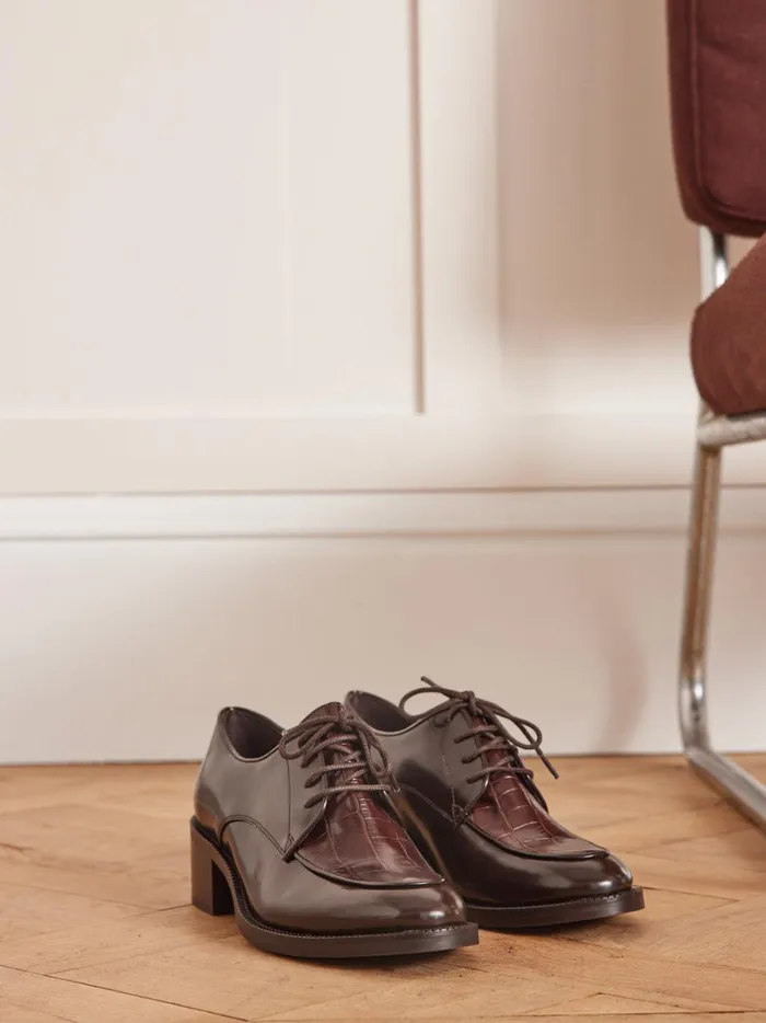 Women Shoes Cyrillus Leather TwoColor Heeled Derby Shoes Marron Glace