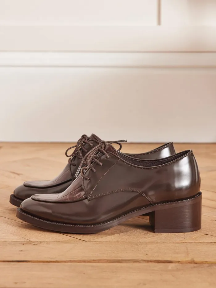 Women Shoes Cyrillus Leather TwoColor Heeled Derby Shoes Marron Glace
