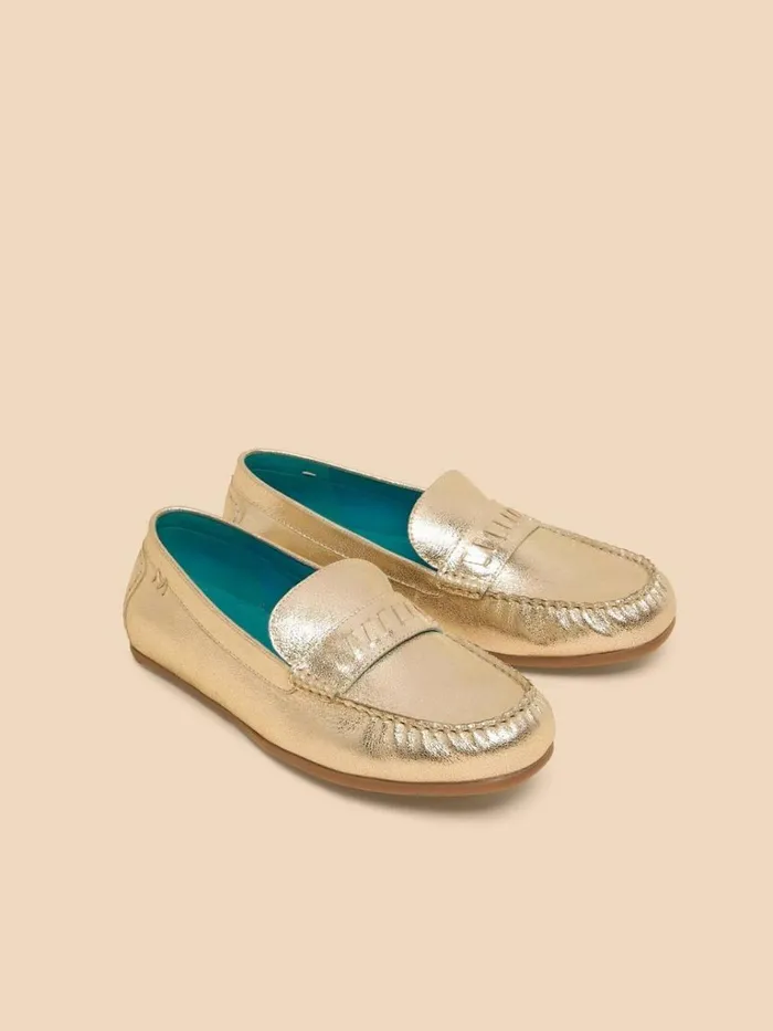 Women SHOES White Stuff Mayflower Suede Moccasin Gold Tone Metallic
