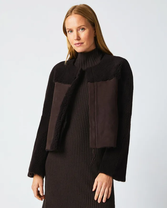 Women Short Shearling Jacket Coffee Bean Billy Reid Jackets and Outerwear