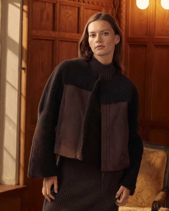 Women Short Shearling Jacket Coffee Bean Billy Reid Jackets and Outerwear