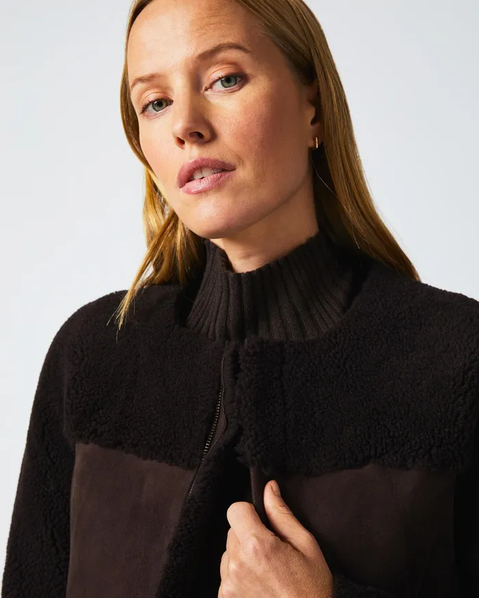 Women Short Shearling Jacket Coffee Bean Billy Reid Jackets and Outerwear