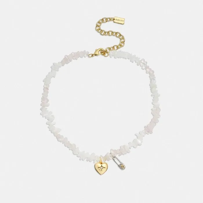Women Signature Pav Safety Pin And Heart Beaded Choker Necklace Goldchalk Multi Coach Jewelry Women Signature Pav Safety Pin And Heart Beaded Choker Necklace Goldchalk Multi Coach Jewelry