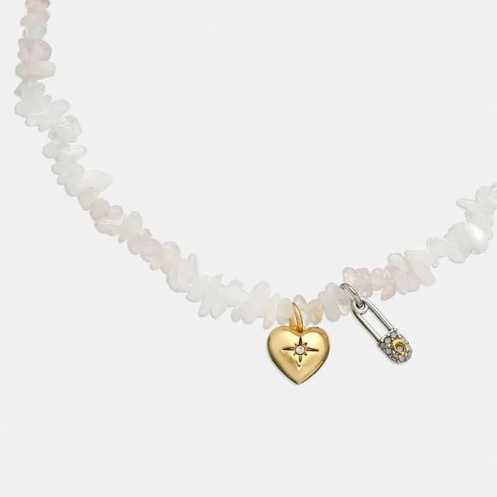 Women Signature Pav Safety Pin And Heart Beaded Choker Necklace Goldchalk Multi Coach Jewelry Women Signature Pav Safety Pin And Heart Beaded Choker Necklace Goldchalk Multi Coach Jewelry