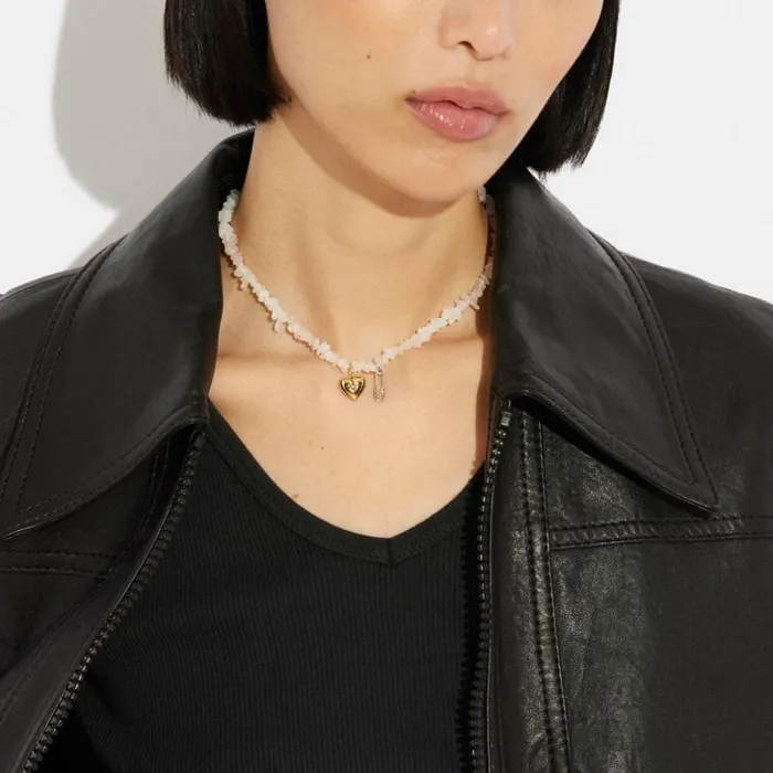 Women Signature Pav Safety Pin And Heart Beaded Choker Necklace Goldchalk Multi Coach Jewelry Women Signature Pav Safety Pin And Heart Beaded Choker Necklace Goldchalk Multi Coach Jewelry