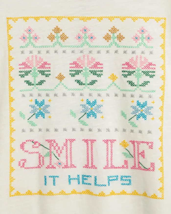 Women Smile Embroidered TShirt White YMC Tops and TShirts