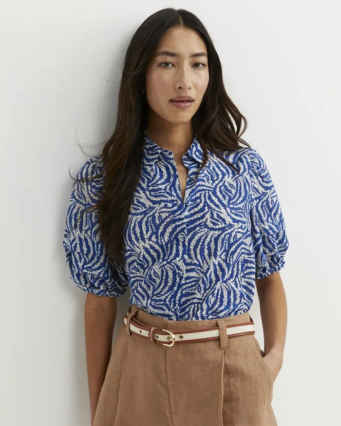 Women Sportscraft Shirts Lola Cotton Silk Short Sleeve Blouse Blueivory