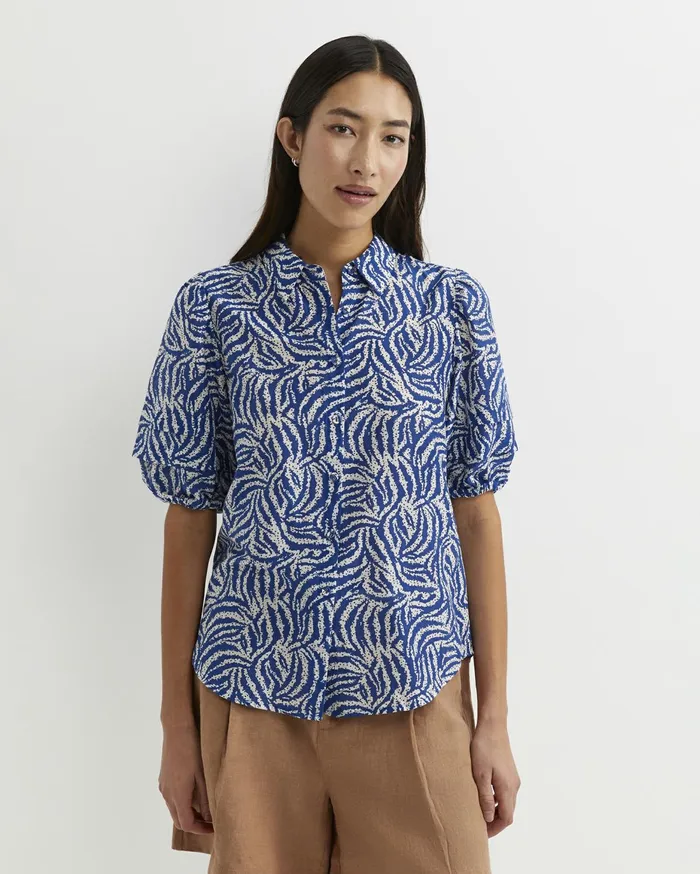 Women Sportscraft Shirts Lola Cotton Silk Short Sleeve Blouse Blueivory