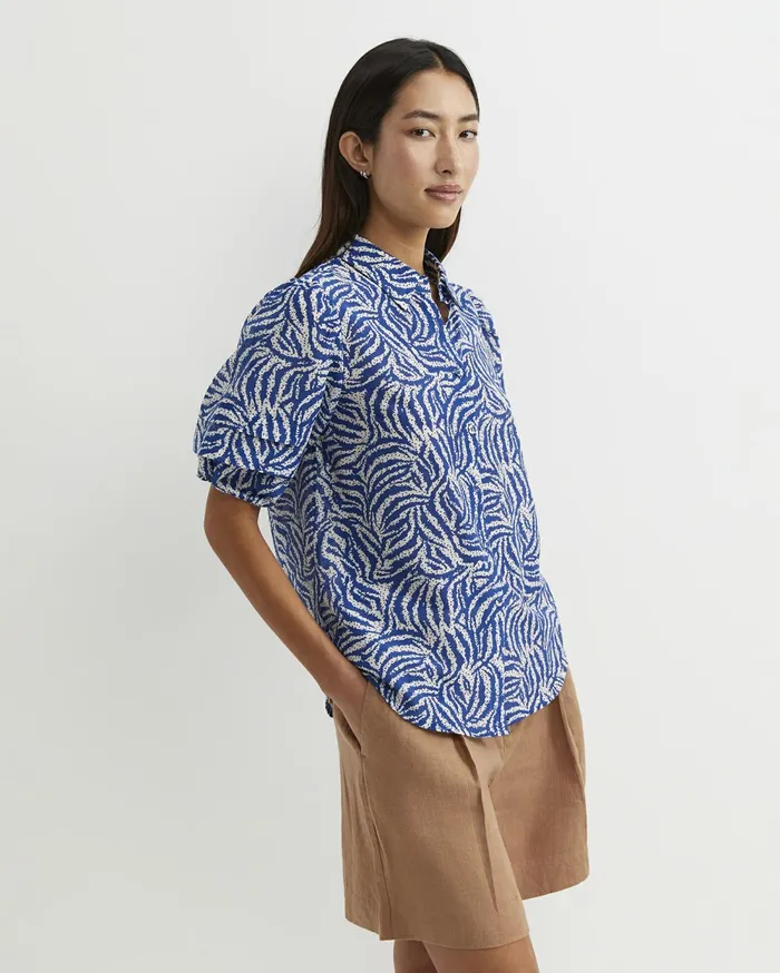 Women Sportscraft Shirts Lola Cotton Silk Short Sleeve Blouse Blueivory