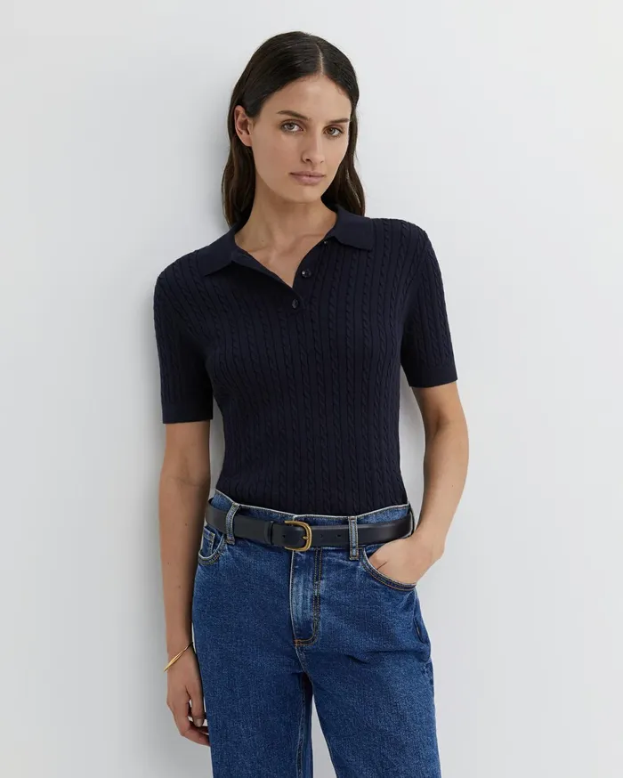 Women Sportscraft Tops and Tees Elka Cable Polo Navy