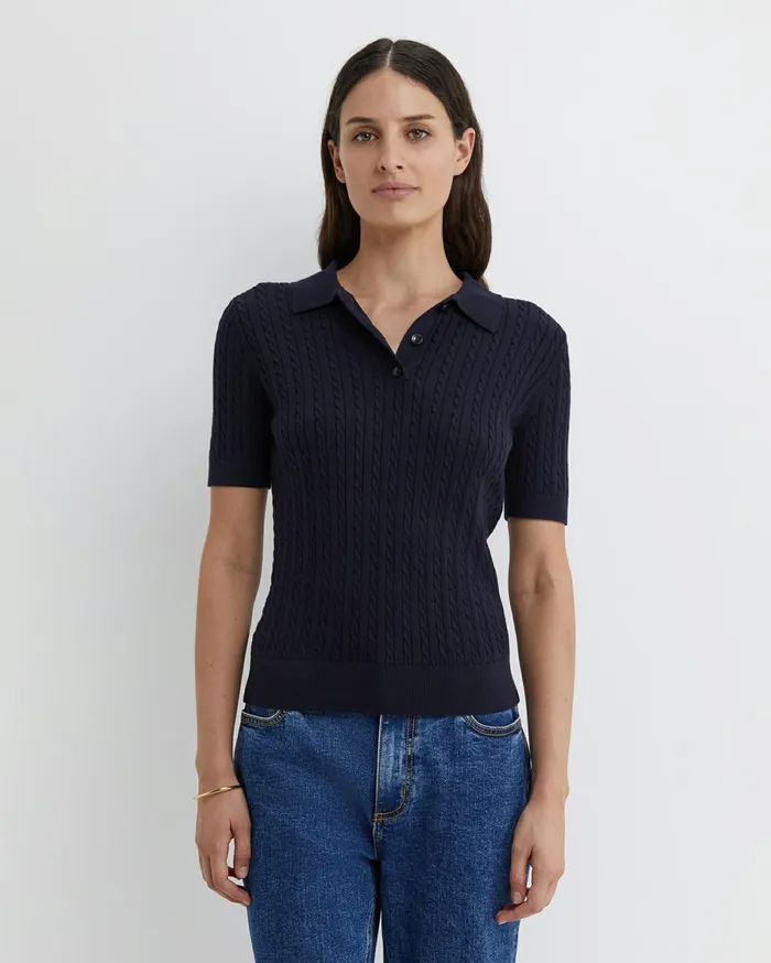Women Sportscraft Tops and Tees Elka Cable Polo Navy