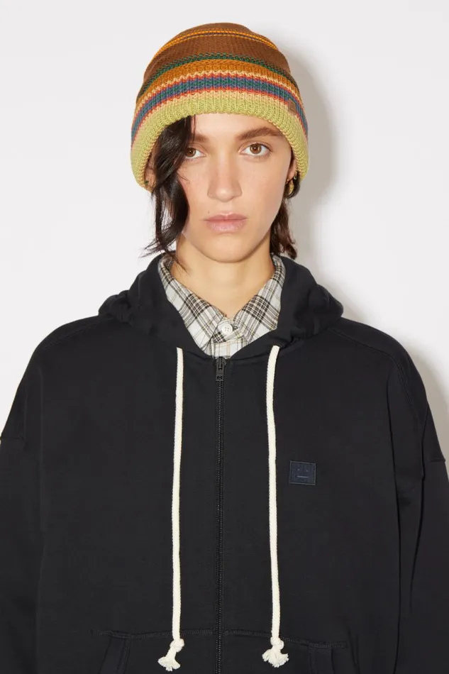 Women Stripe Knit Beanie Cinnamon Brownmulti Acne Studios Hats