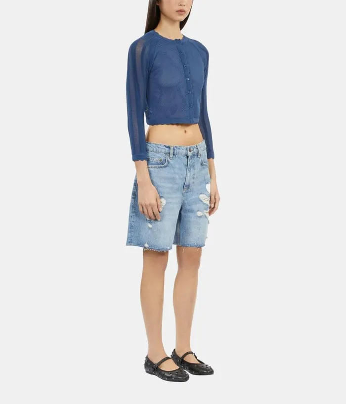 Women Sweaters THE KOOPLES Short Blue Openwork Knit Cardigan Women Sweaters THE KOOPLES Short Blue Openwork Knit Cardigan