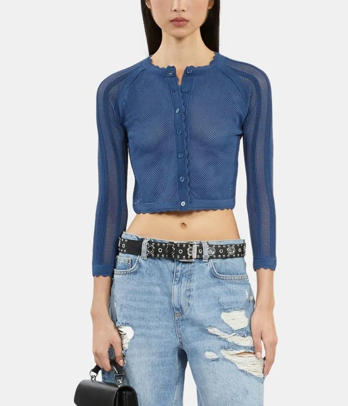 Women Sweaters THE KOOPLES Short Blue Openwork Knit Cardigan Women Sweaters THE KOOPLES Short Blue Openwork Knit Cardigan