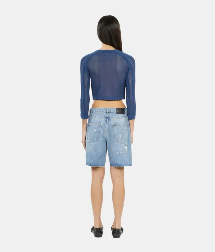 Women Sweaters THE KOOPLES Short Blue Openwork Knit Cardigan Women Sweaters THE KOOPLES Short Blue Openwork Knit Cardigan
